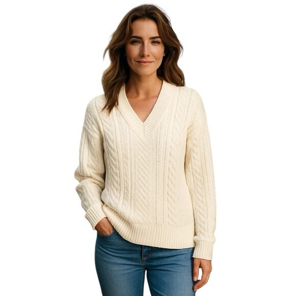 J.Crew Cable-Knit V-Neck Pullover Cream XS tennis prep Aran Sweater Scandi Chic - Picture 1 of 11